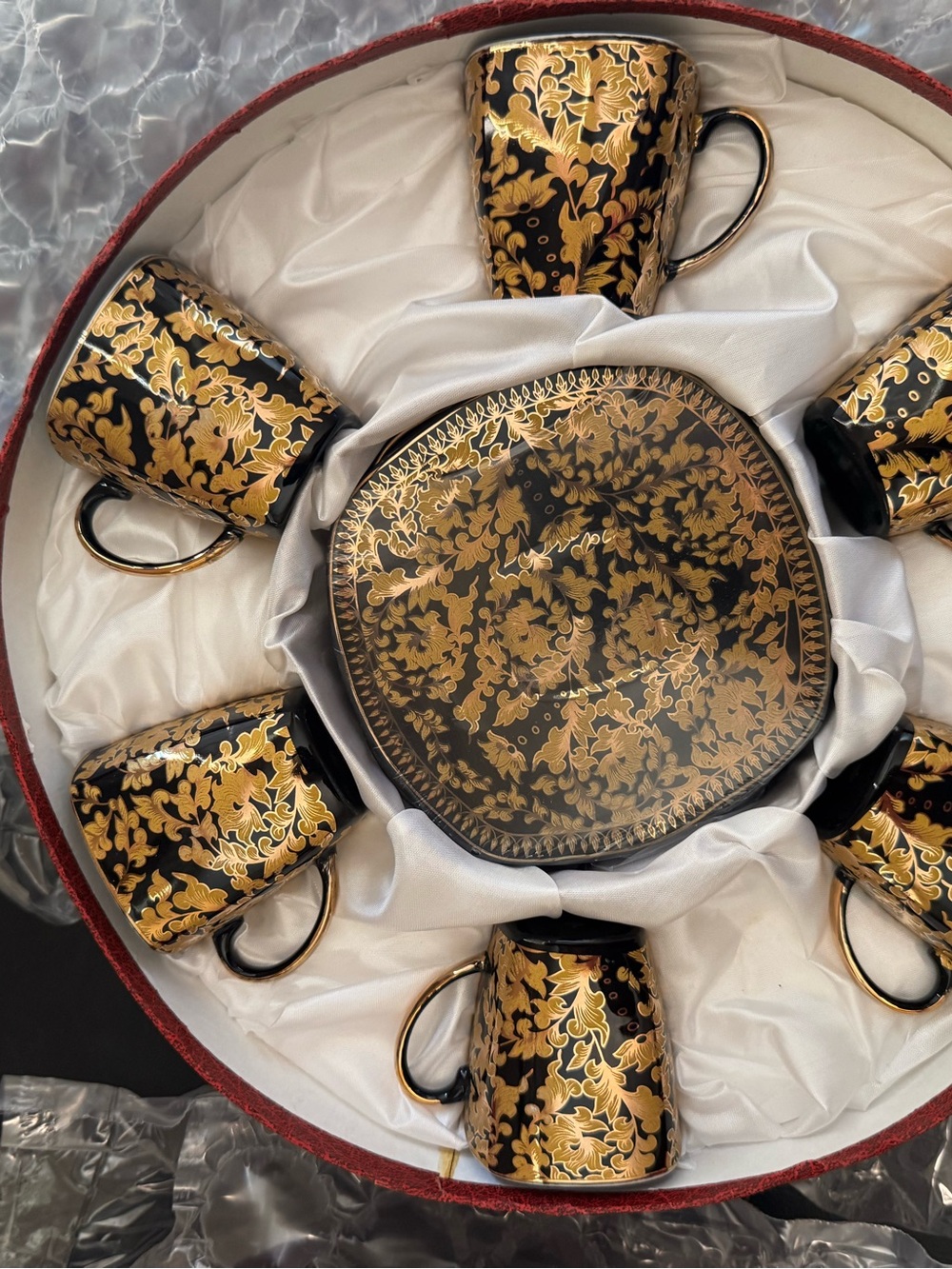Black and Gold Floral Espresso Cup Set comes New in red Box